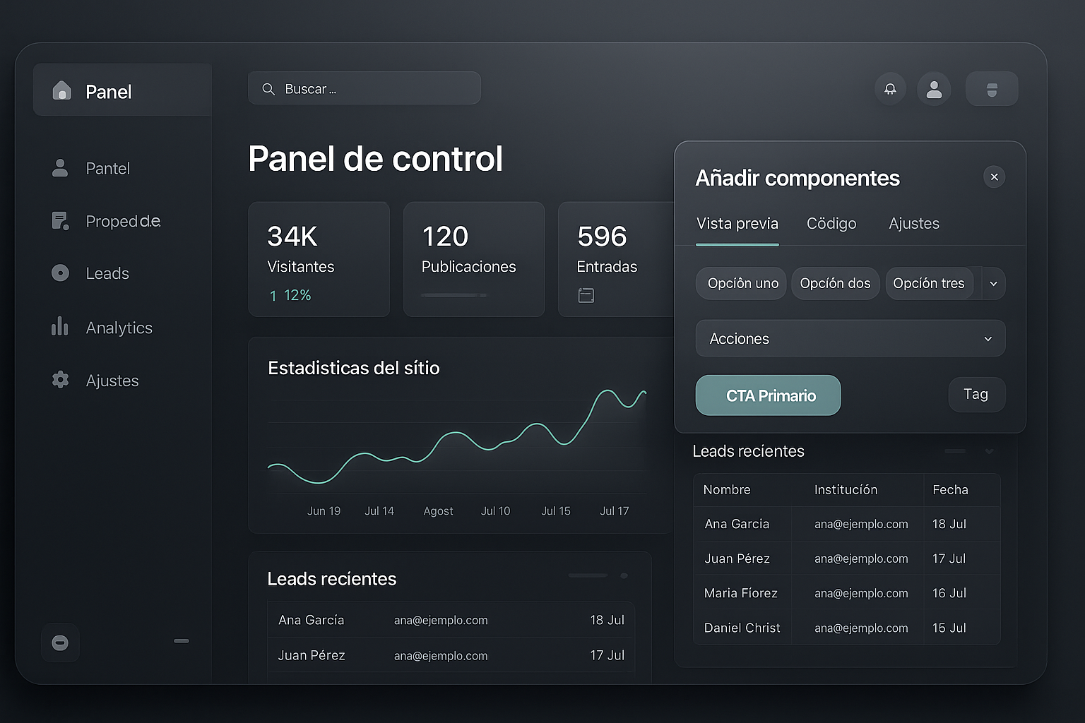 UI de un sitio administrable con dashboard y componentes